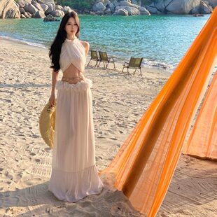 绝美海岛度假纯欲辣妹设计感交叉挂脖上衣立体花朵大摆长裙两件套