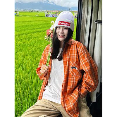 besor橙色刺绣格子衬衫女