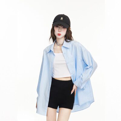 韩系ins风蓝色POLO领衬衫