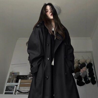 黑色风衣外套女中长版202
