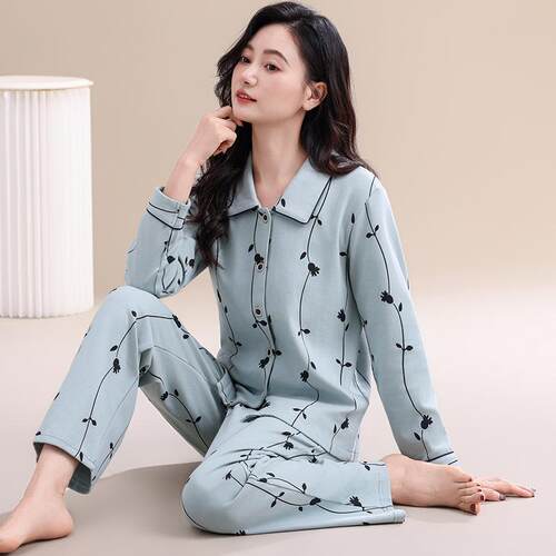 新款春秋季长袖棉质睡衣女开衫4XL加大码微胖女士家居服套装