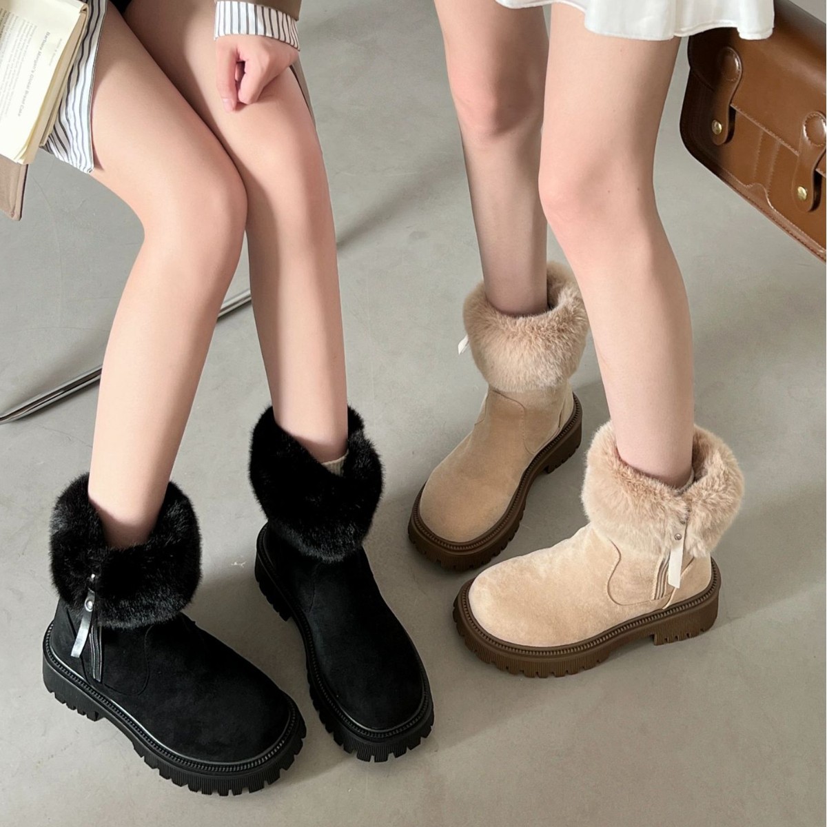 女范皮毛一体加绒厚底雪地靴女款2025新款冬季保暖防滑棉鞋子