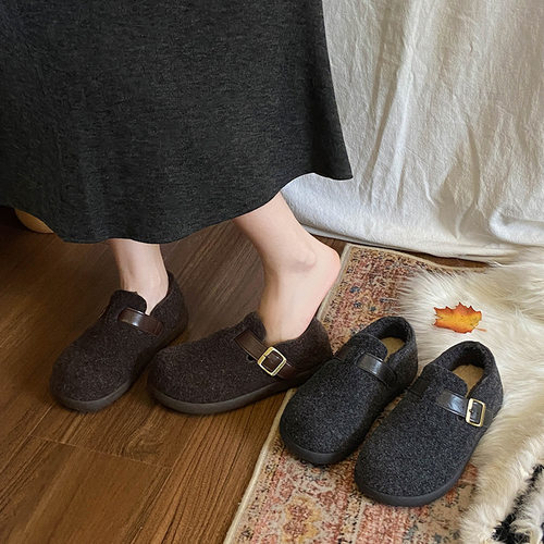 毛呢勃肯鞋女鞋2025秋冬季新款皮带扣一脚蹬懒人鞋平底加绒棉鞋