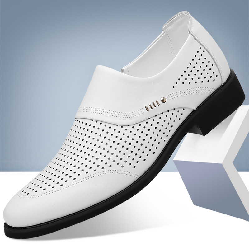 2025春夏爆款男士商务正装皮鞋白色小白鞋一脚蹬镂空洞洞鞋皮凉鞋