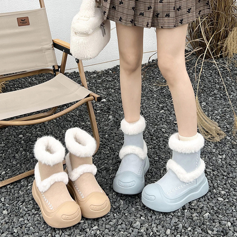 皮毛一体雪地靴女2024冬季新款开口笑厚底百搭加绒加厚保暖棉靴