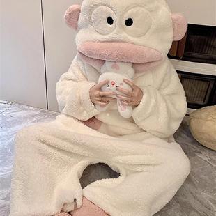 2025新款 抽象搞怪男珊瑚绒睡裙 汉顿白色丑鱼卡通连体睡衣女秋冬季