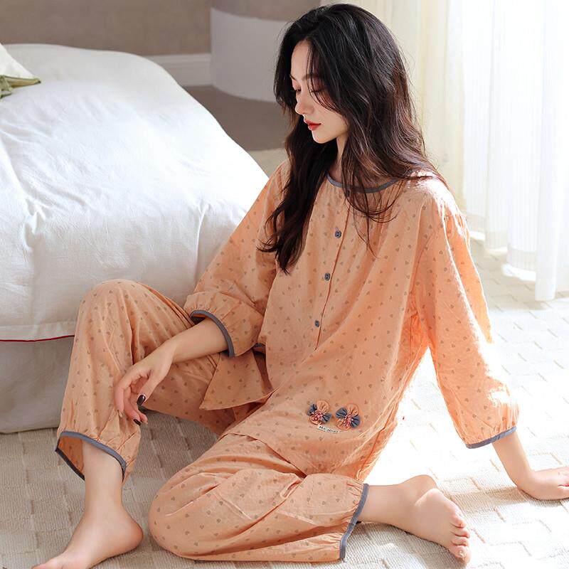 九分裤睡衣女夏带胸垫可外穿纯棉短袖七分裤夏季薄款家居服女款夏