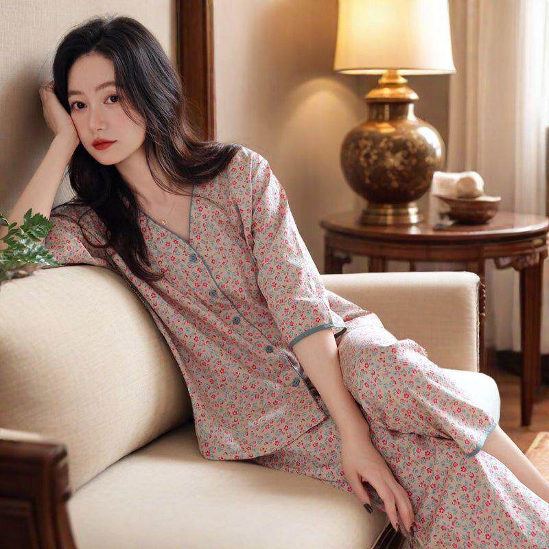 2026新款带胸垫睡衣女士春夏季七分袖圆领开衫宽松大码睡衣女款夏