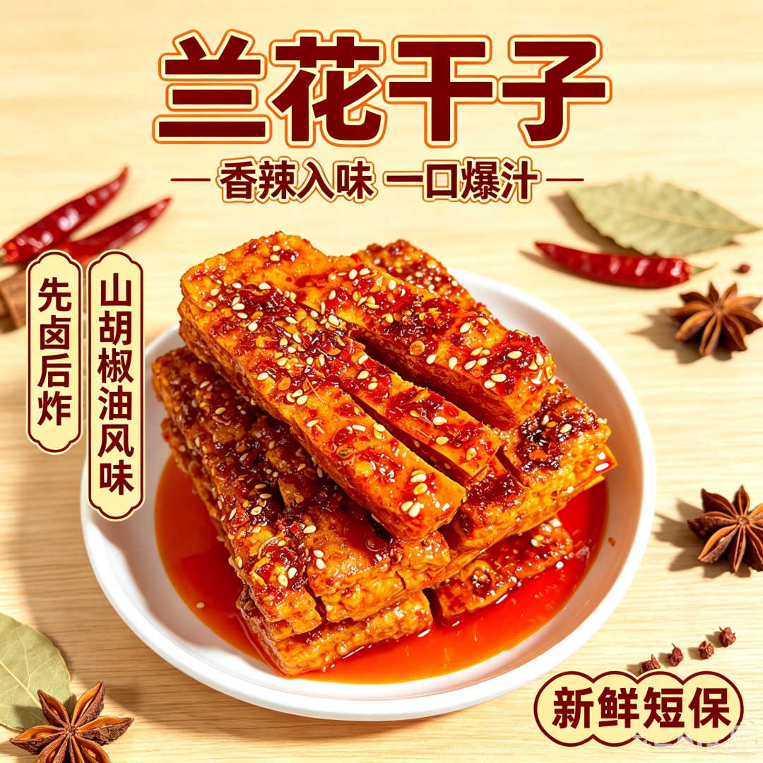 新鲜零食【兰花干子】香辣豆腐干山胡椒油风味先卤后炸新鲜短保