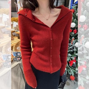 长袖 女春秋高级感毛衣内搭短款 上衣 气质红色翻领打底针织开衫 法式