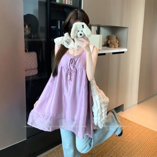 上衣 娃娃衫 紫色木耳边V领吊带背心女夏季 度假风外穿绝美宽松无袖