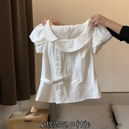 法式小资娃娃领短袖衬衫女夏季设计感小众炸街独特漂亮泡泡袖上衣