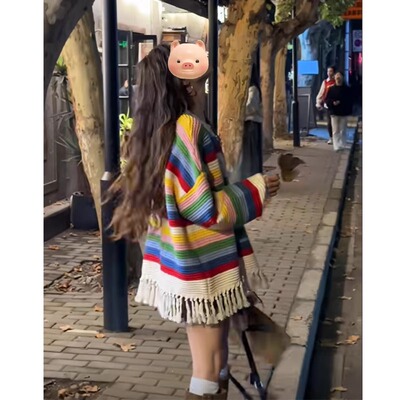 彩虹条纹撞色拼接流苏毛衣上衣