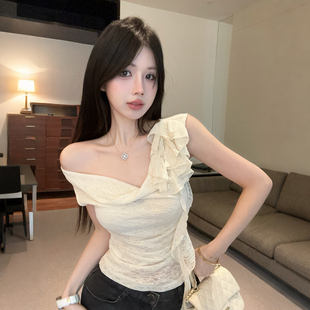 t恤女夏季 荡领飘带花朵斜肩短袖 纯欲辣妹性感一字肩上衣独特绝美