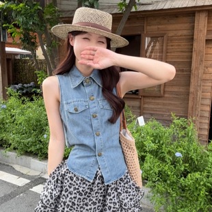 上衣 复古辣妹polo领无袖 牛仔衬衫 女夏2025新款 蝴蝶结绑带收腰短款