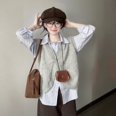 韩系V领针织马甲背心女灰色叠穿