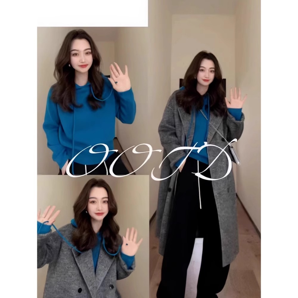 克莱因蓝色抽绳连帽毛衣软糯上衣