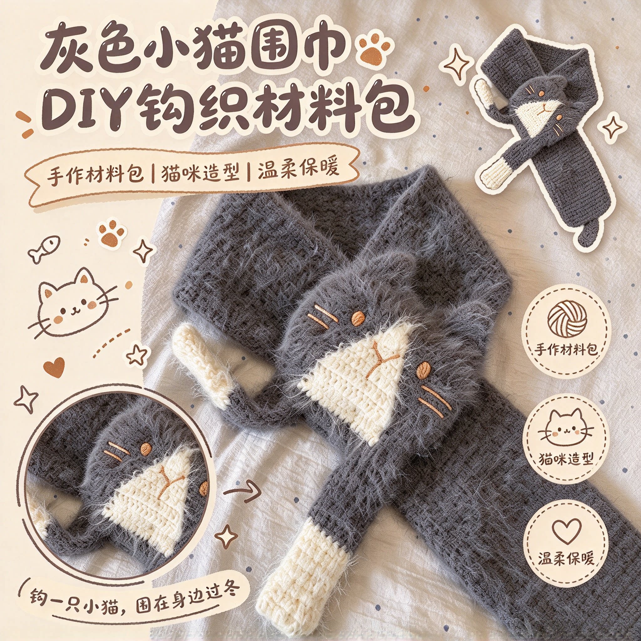 软糯糯灰色小猫围巾手工diy毛线材料冬天保暖围脖送朋友生日礼物