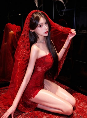 万圣节吸血鬼新娘红蕾丝头纱