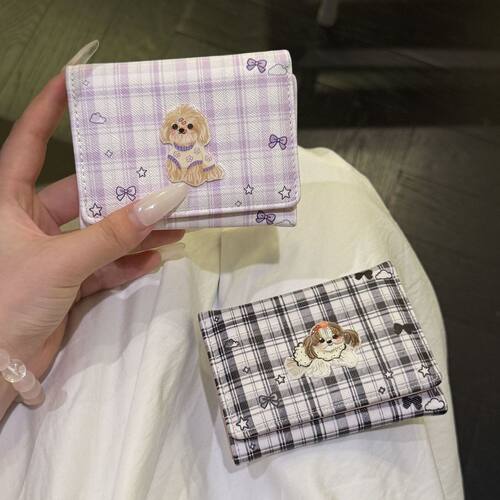 韩系可爱格纹狗狗短款钱包女新款小众设计多卡位卡包多功能证件包