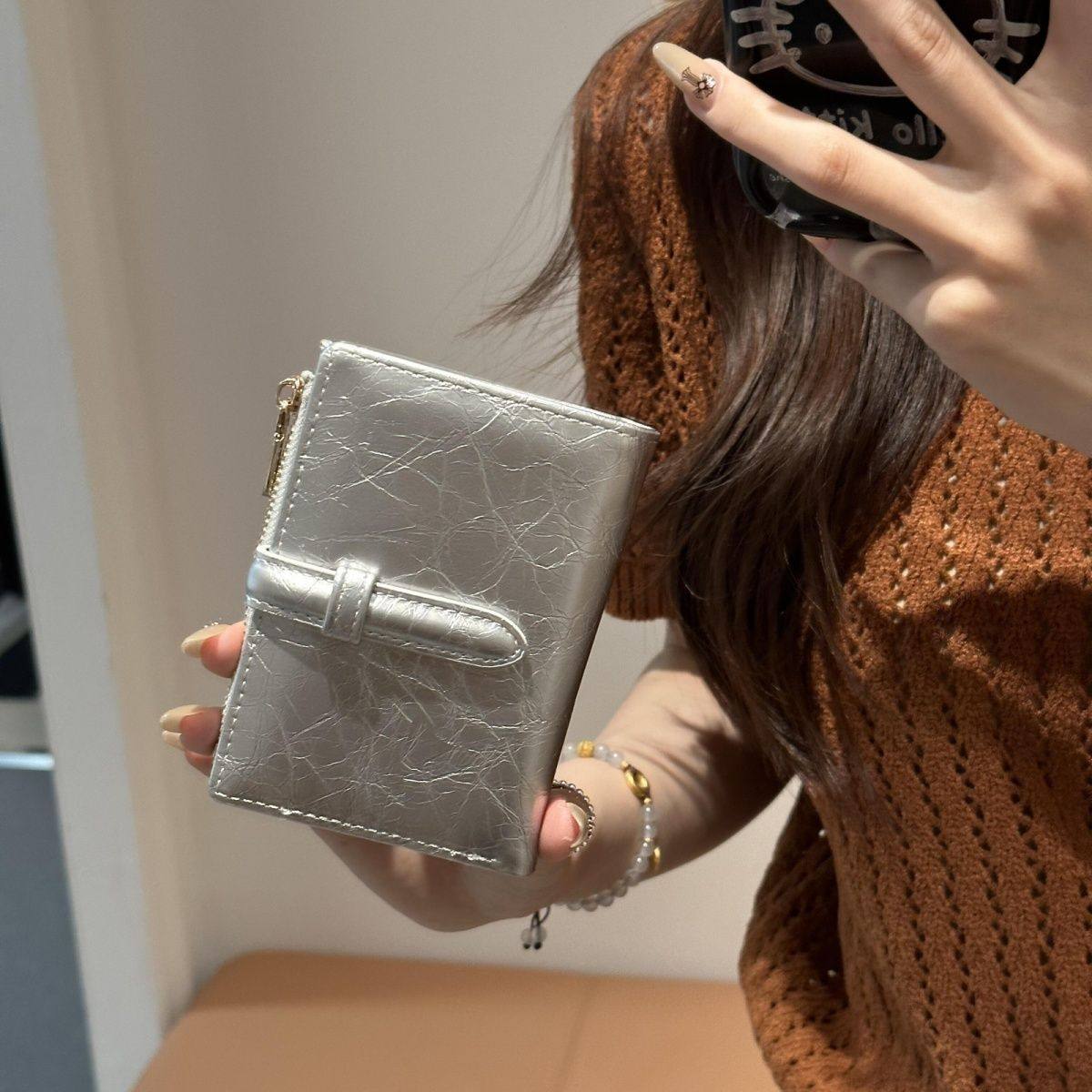 复古质感女士钱包短款两折抽带多功能钱夹卡包零钱包小众设计简约