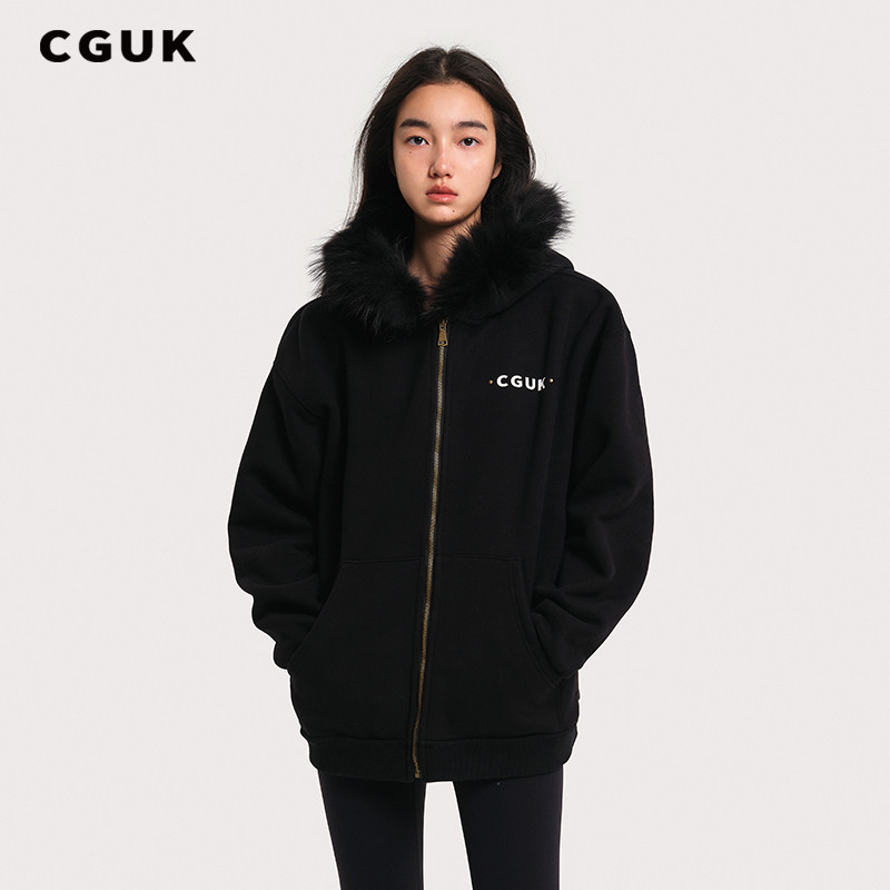 【戴燕妮同款】CGUK新款卫衣毛领连帽抓绒卫衣外套情侣款