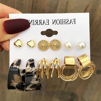 LATS Vintage Gold Color Metal Bow Acrylic Earrings Set for W