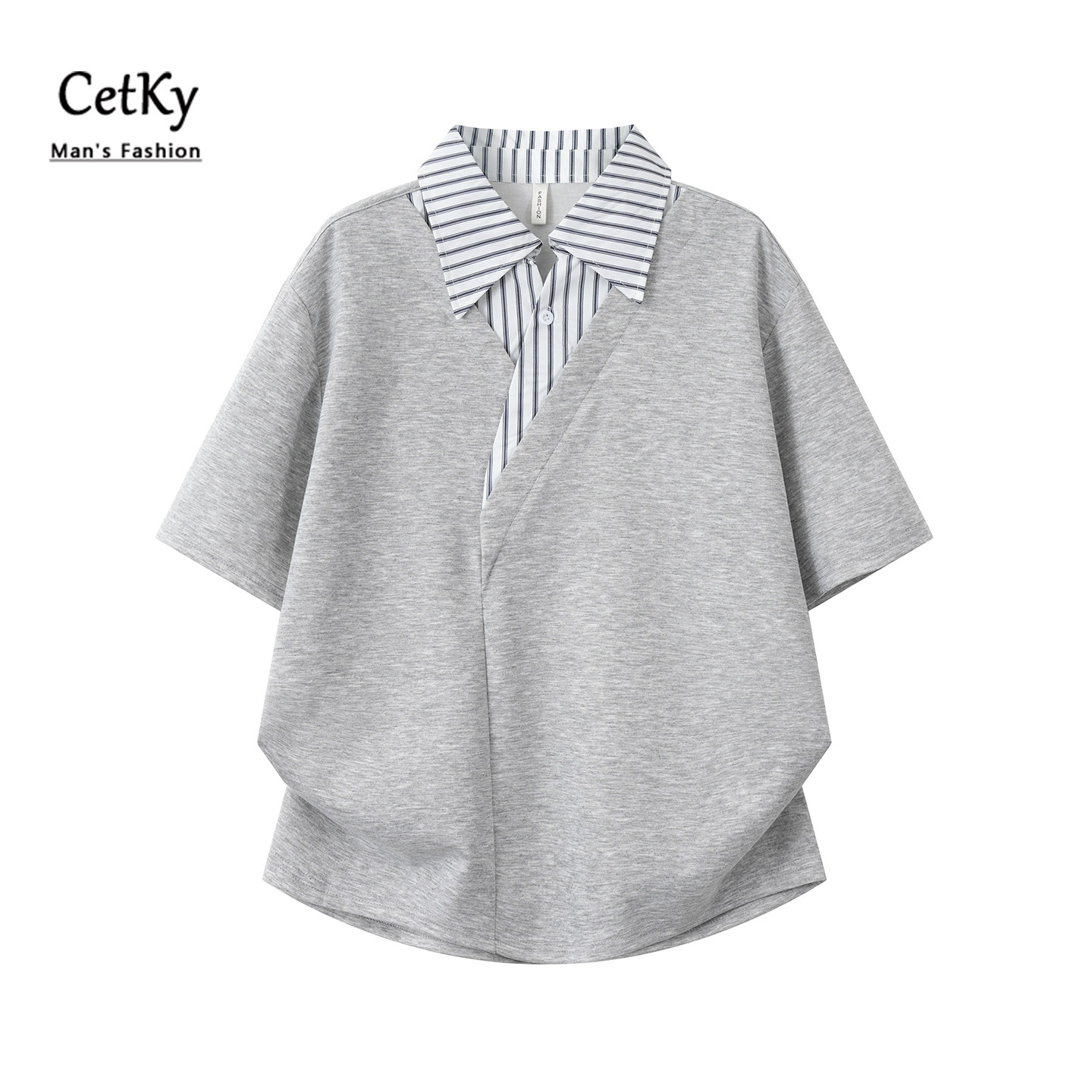CeTky夏季V领假两件拼接条纹男装短袖设计感痞帅休闲衬衫半袖衬衣