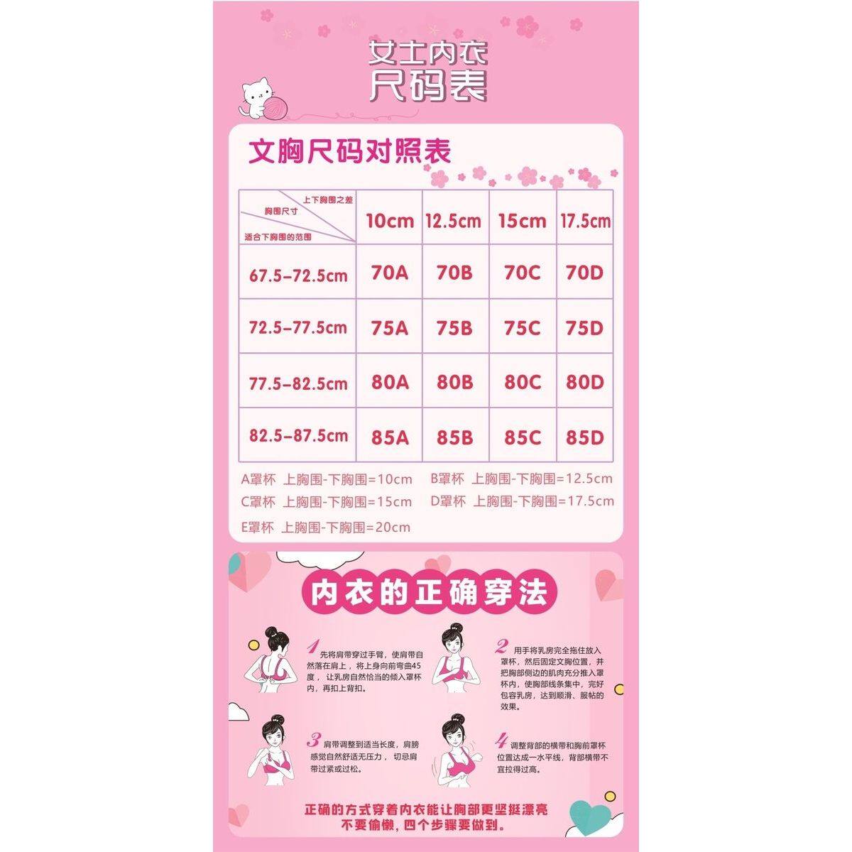 女士内衣尺码表海报展板穿戴文胸的正确方法内衣的正确穿法墙贴
