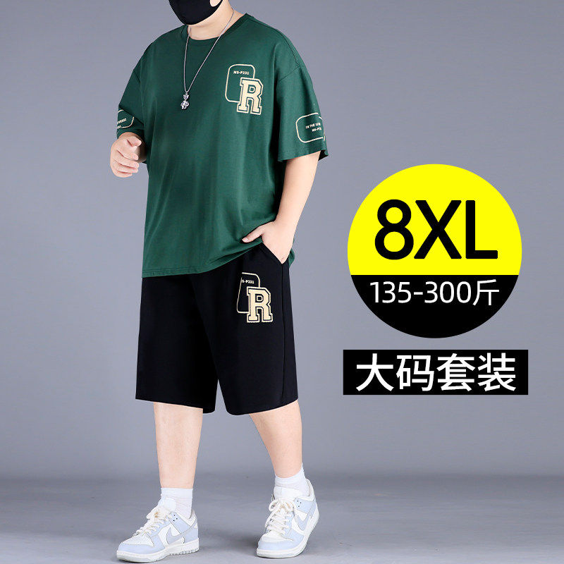 大码短袖套装男士夏装加肥加大胖子宽松休闲运动t恤五分裤两件套