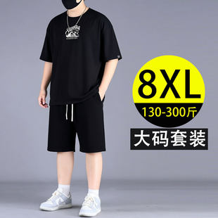 t恤五分裤 特大码 胖子男生宽松简约短袖 男夏季 两件套 黑色休闲套装