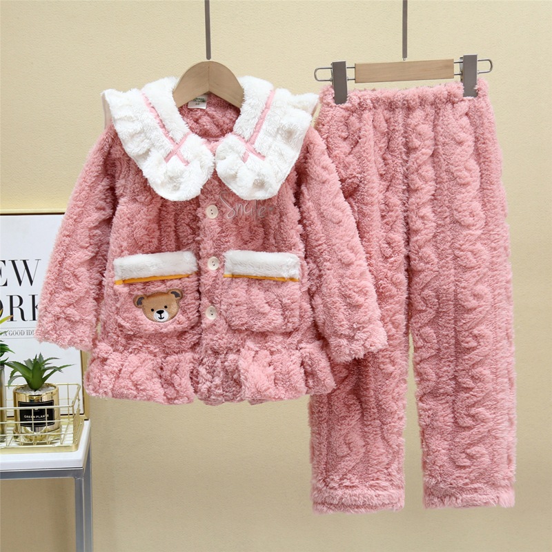 秋冬季儿童法兰绒睡衣女孩公主风加厚款双面绒家居服套装童装批发