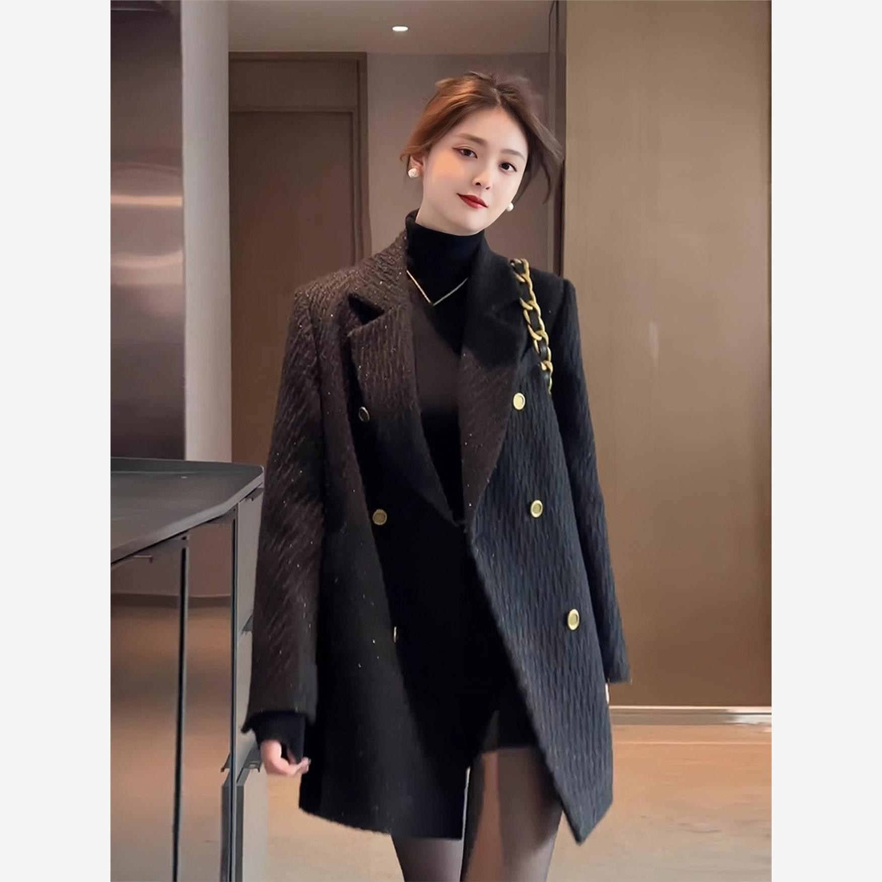 黑色西装毛呢外套女秋冬2025新款高级感小个子夹棉加厚中长款大衣