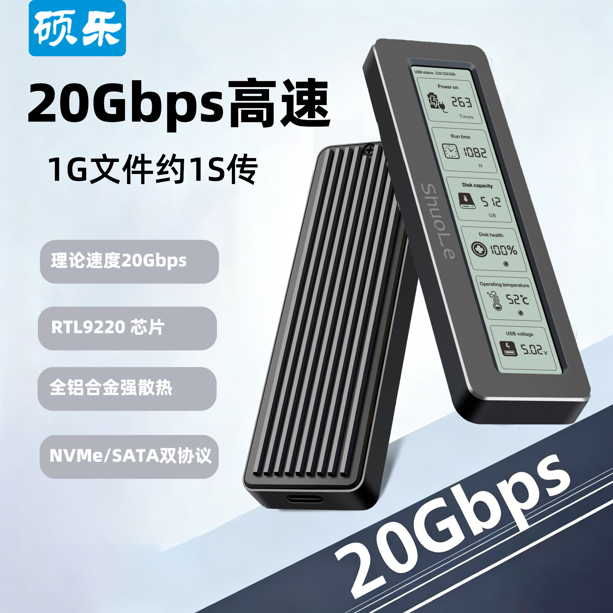 硕乐全金属大屏数显m.2硬盘盒固态SSD nvme/sata协议20Gbps移动