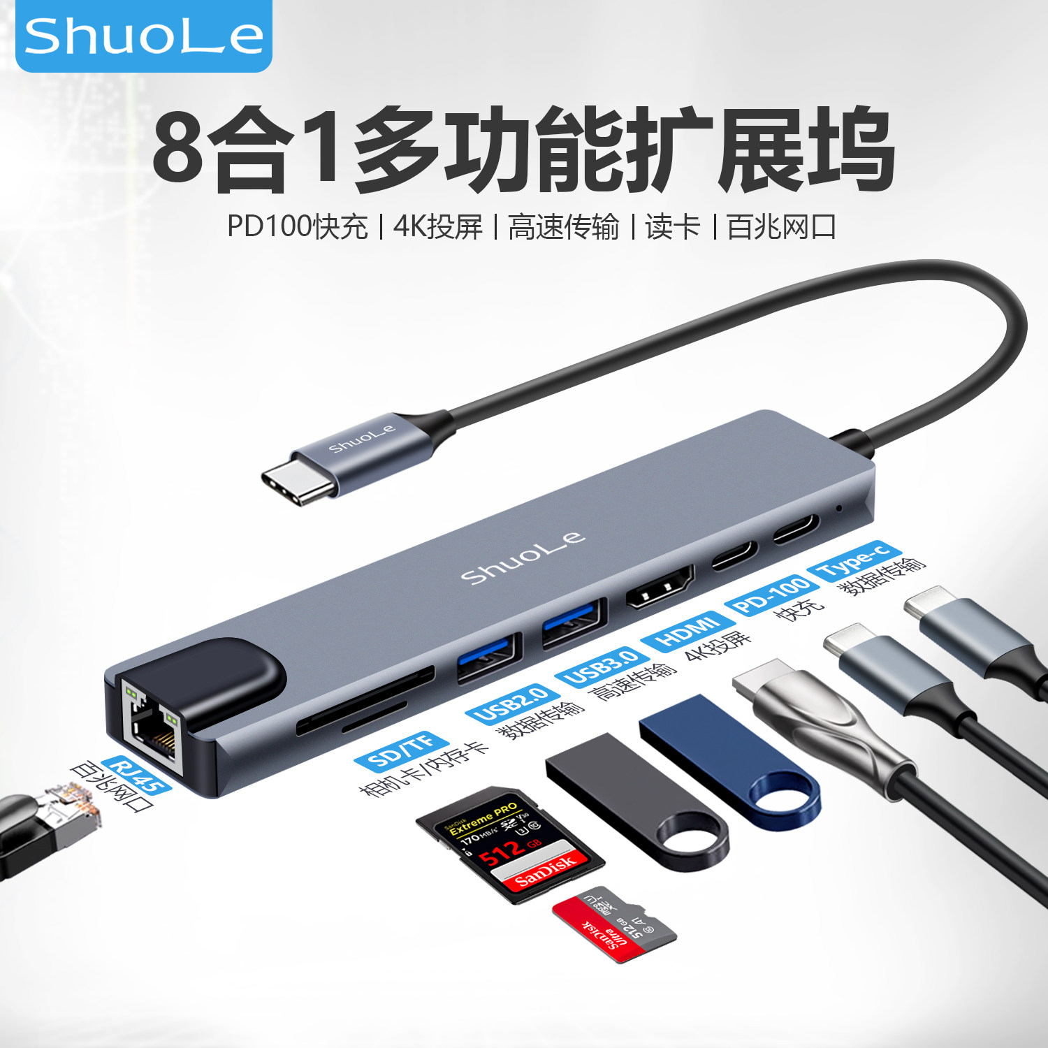 硕乐八合一扩展坞typec拓展hdmi投屏转换USB3.0分线器hub集线器网线多功能接口转接头适用于笔记本16外接