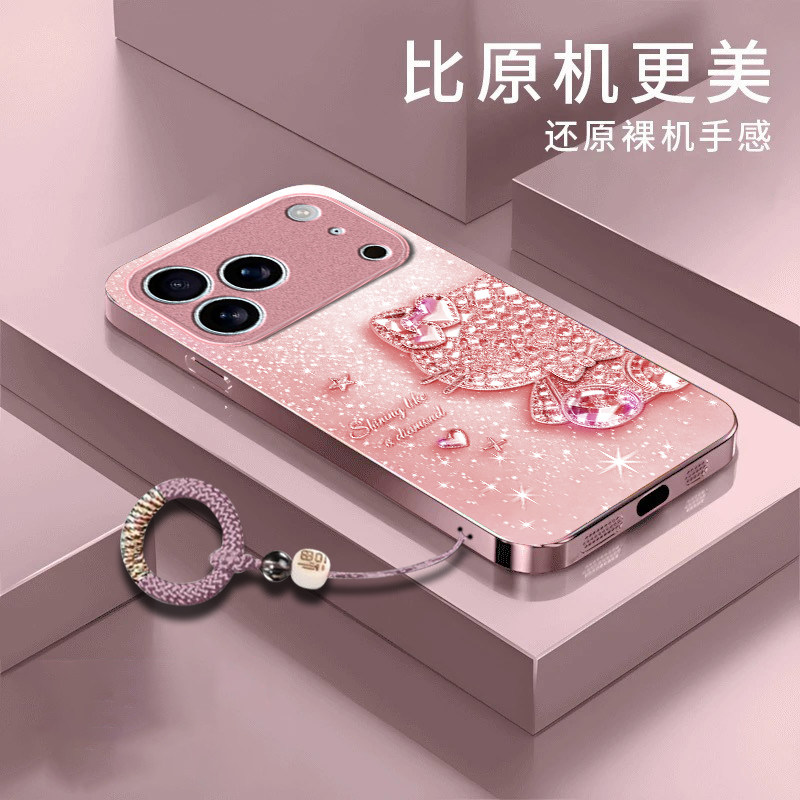 钻石猫咪适用苹果17promax手机壳iPhone16/15pro新款14女13mini全包xsmax防摔xr12pro硬壳11玻璃ip6s/7/8plus