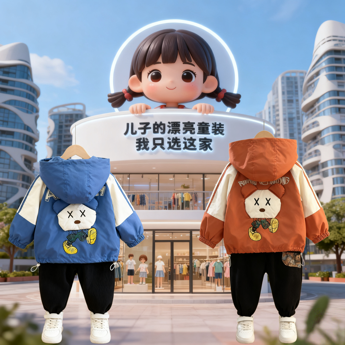 儿童春秋帅气冲锋衣套装连帽夹克
