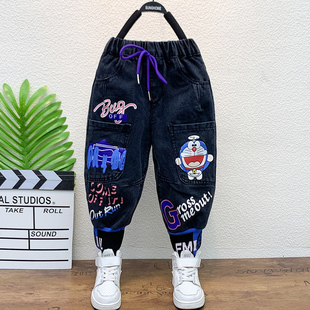 巴拉妮琪小黄鸭男童春款牛仔裤子2024新款帅气儿童装卡通水洗长裤