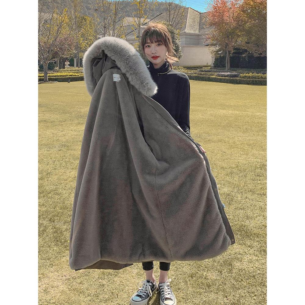 胖mm显瘦加绒加厚棉服女冬季宽松大码中长款东北大棉袄派克服外套