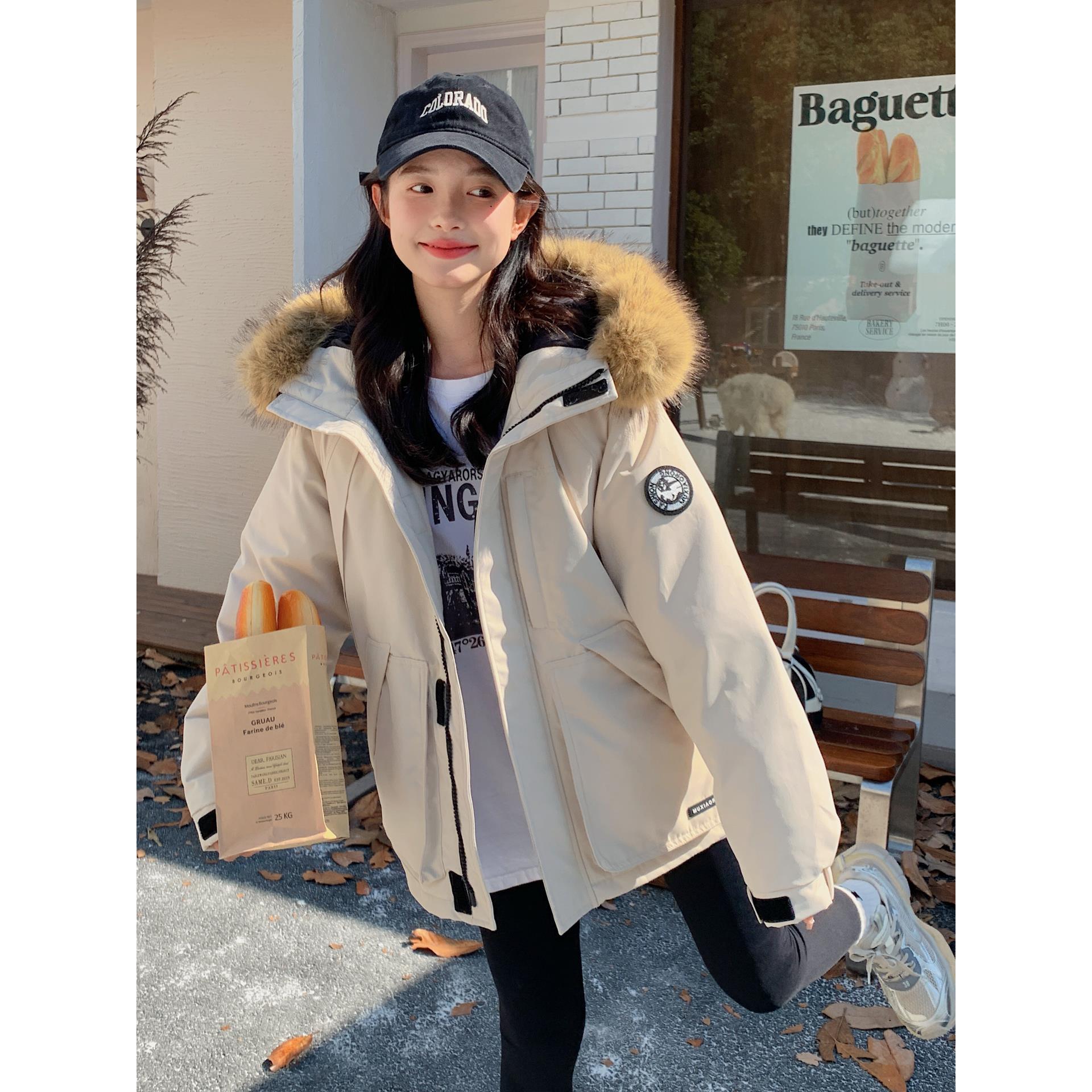 藏青色工装羽绒服女冬季95白鸭绒短款韩版宽松加厚派克服2025新款