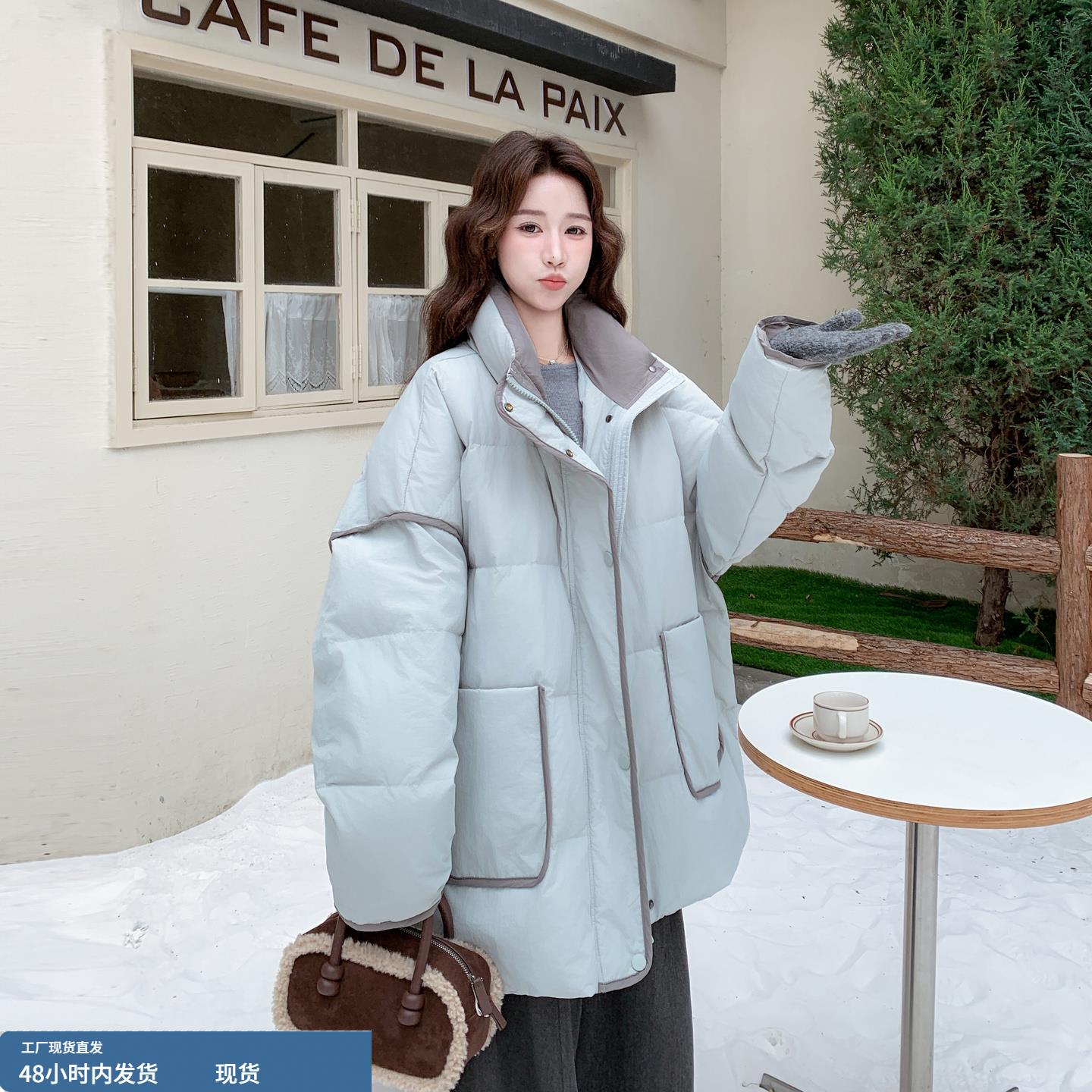 蓝色设计款包边休闲羽绒服女冬季2025新款宽松巨保暖中长款面包服