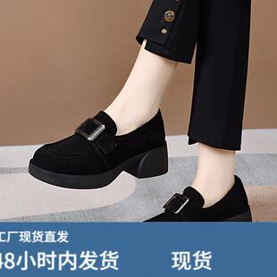 厚底深口单鞋女真皮粗跟磨砂小皮鞋春秋增高小个子女鞋百搭松糕鞋