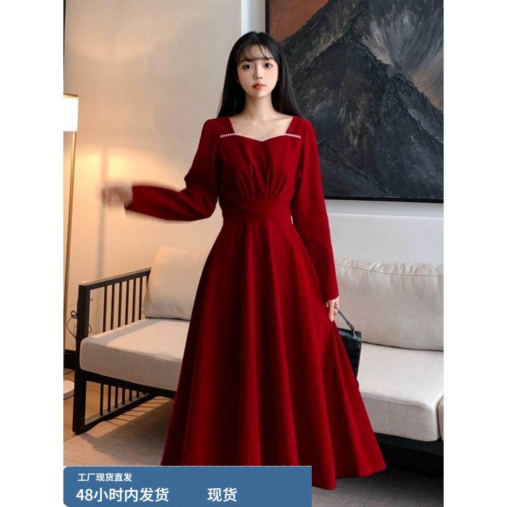 敬酒服新娘酒红色连衣裙大码2025秋冬新款胖mm丝绒高级感订婚礼服