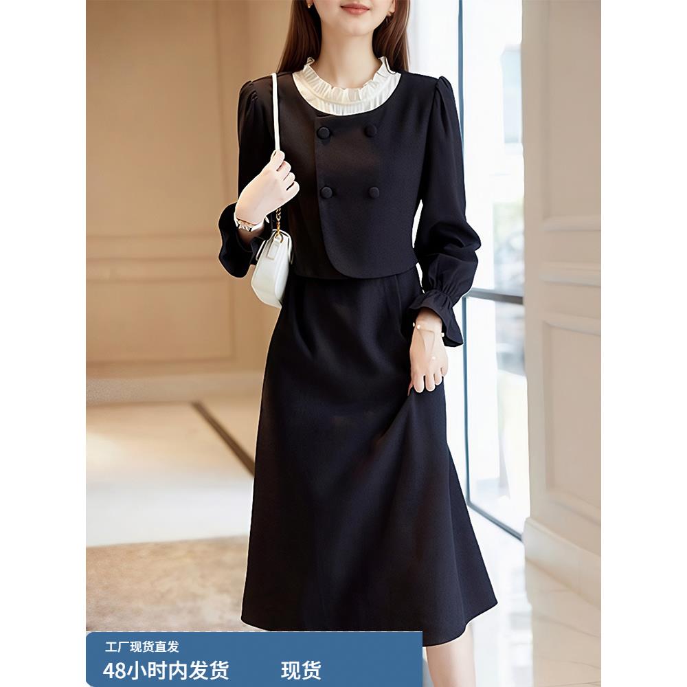 赫本风黑色秋冬连衣裙2025新款轻奢高级感广州十三行品牌女装裙子