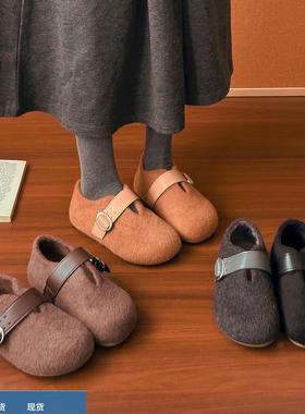 4CM内增高灰色毛毛鞋女外穿秋冬新款软底保暖懒人加绒棉勃肯鞋子
