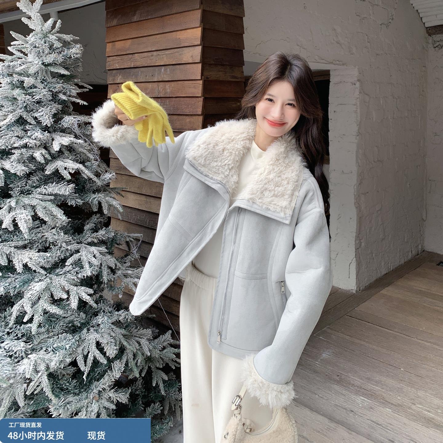 蓝色时尚复古巨好看皮毛一体外套女冬季2025新款加绒加厚保暖夹克