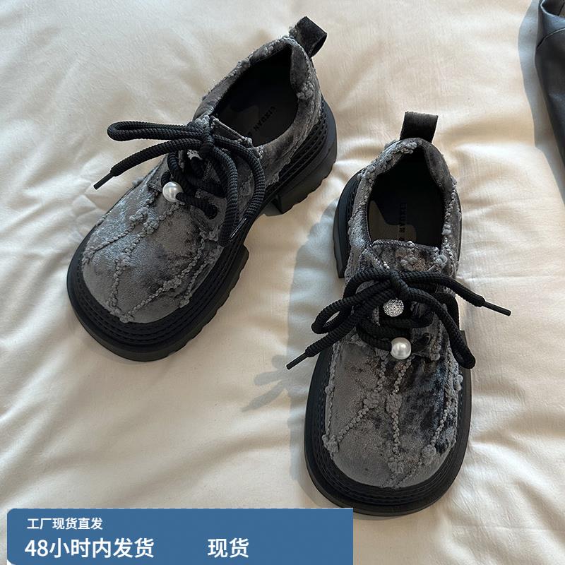 大头系带小皮鞋女2025新款春季小个子厚底女鞋子百搭增高乐福单鞋