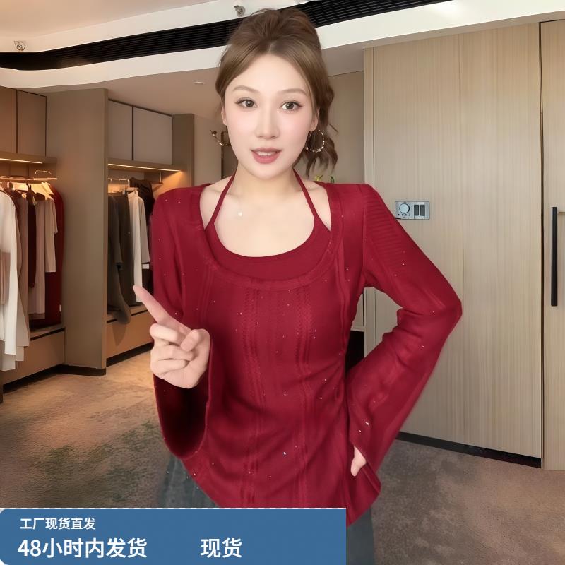大码女装红色假两件挂脖U领针织衫冬季胖MM显瘦内搭外穿长袖上衣
