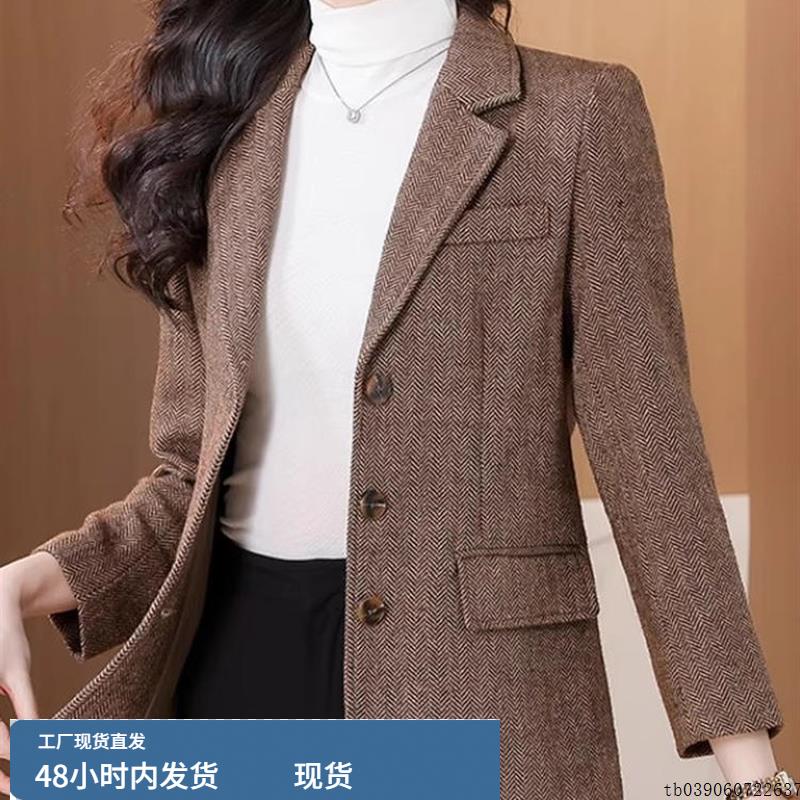 大码加厚毛呢西装外套女秋冬新款高级感气质百搭修身显瘦呢子上衣