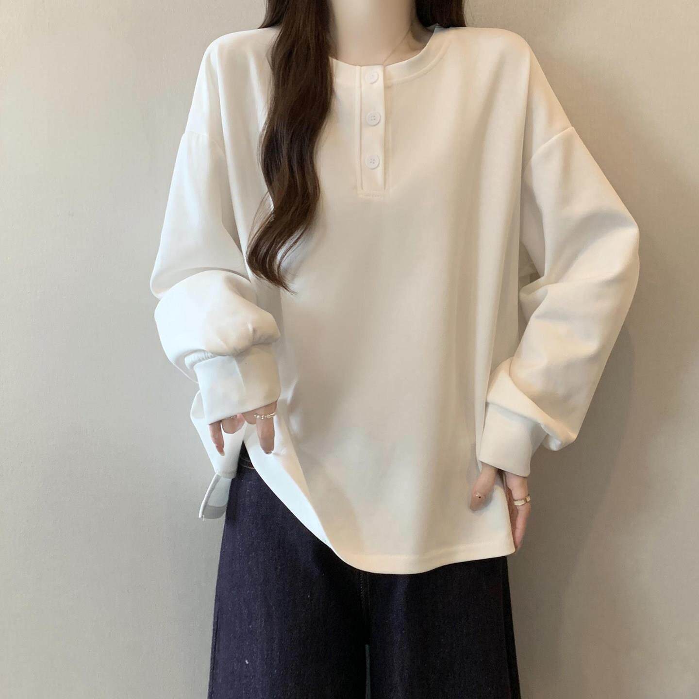 白色正肩长袖卫衣女2026春季大码胖mm显廋遮肚子内搭打底衫上衣
